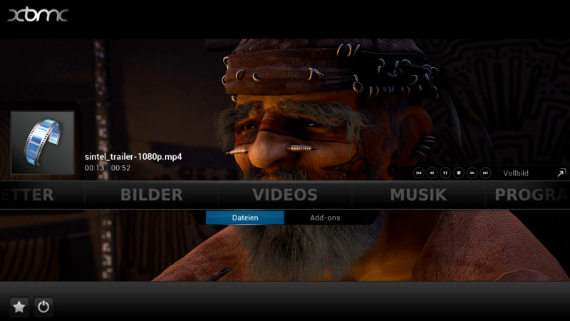 Screenshot von XBMC mit dem Kurzfilm Sintel welcher im Hintergrund läuft